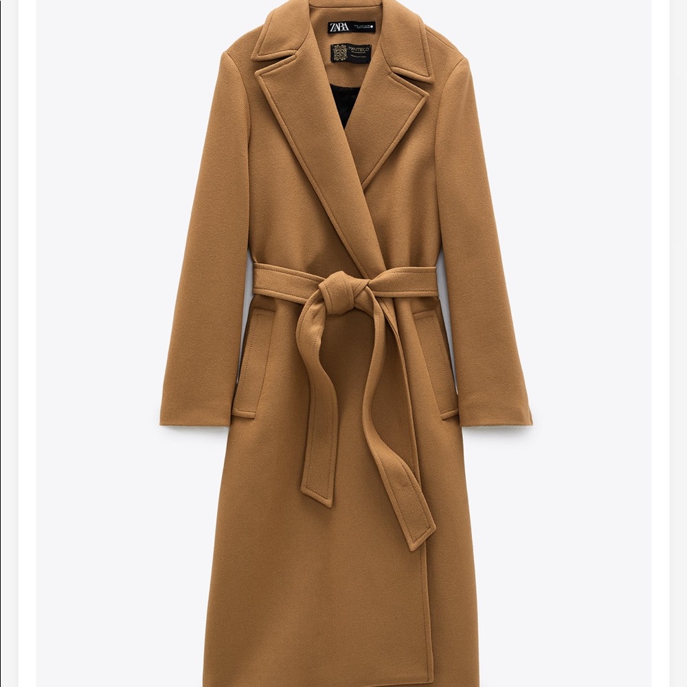 ZARA Manteco Wool Belted Wrap Coat - Camel/Tan
